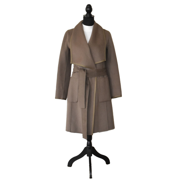 C0 Auth DIANE VON FURSTENBERG Taupe Brown Wool Blend Belted Wrap Coat Size XS